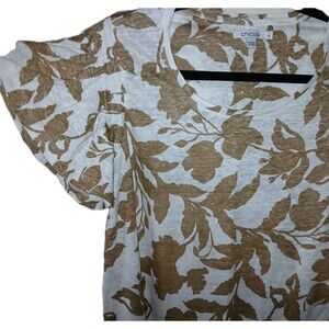CHICOS Womens 1/M Floral 100% Linen Short Sleeve Smocking Ruffles T Shirt Top
